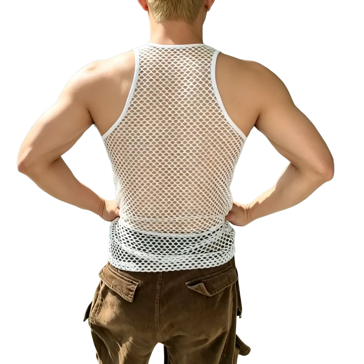 Men mesh workout tank top in white mesh with fitted design and reinforced trim along neckline and armholes