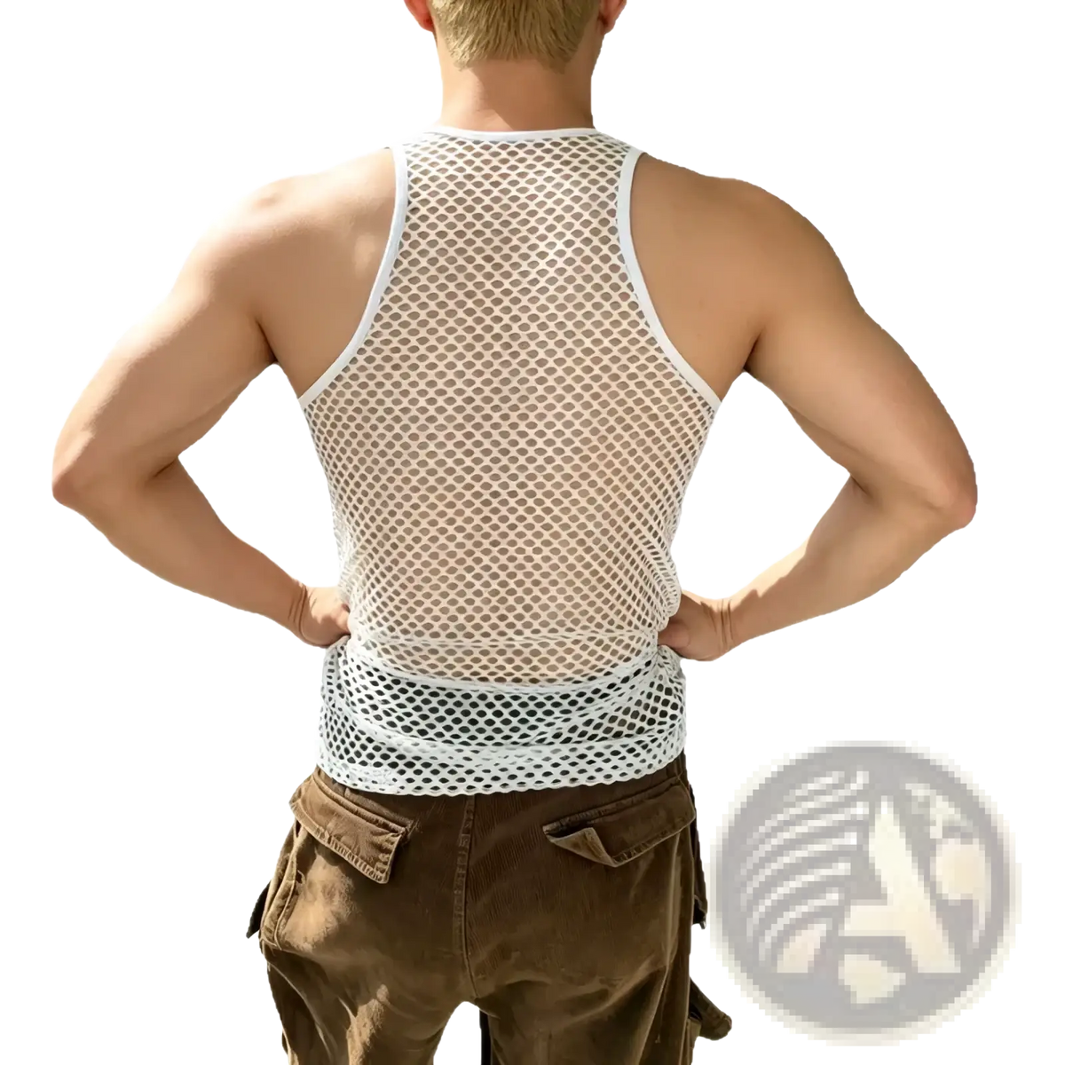 Men mesh workout tank top in white featuring breathable mesh fabric with fitted design and reinforced trim