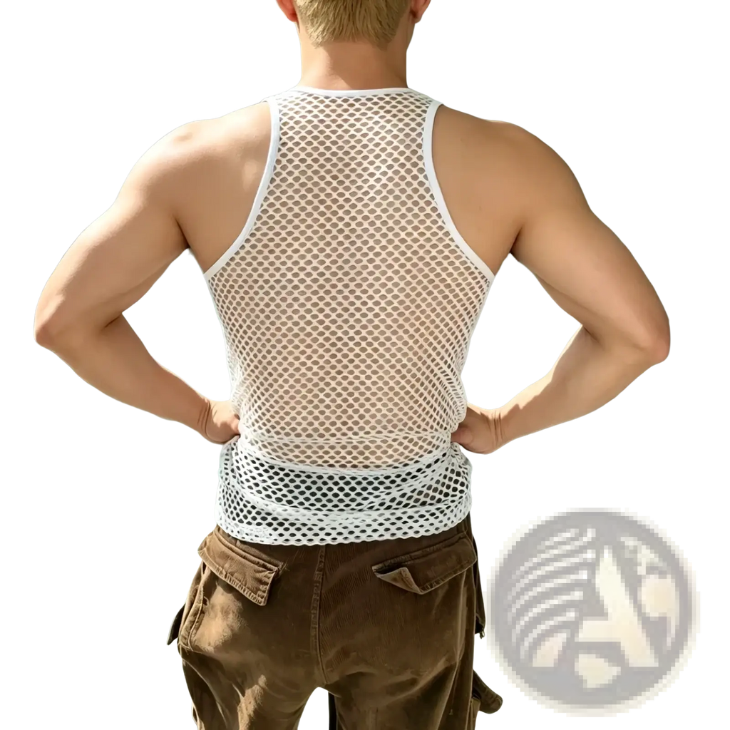 Men mesh workout tank top in white mesh with fitted design and reinforced trim along neckline and armholes