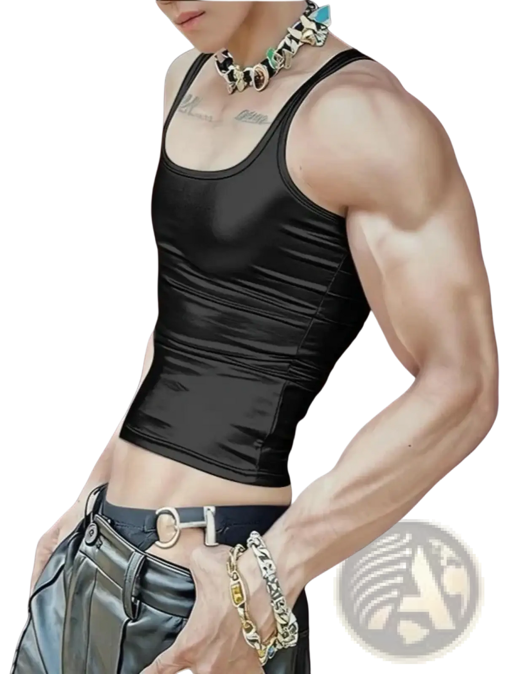 Men metallic crop tank top slim fit black satin with ribbed texture and fitted cropped hemline