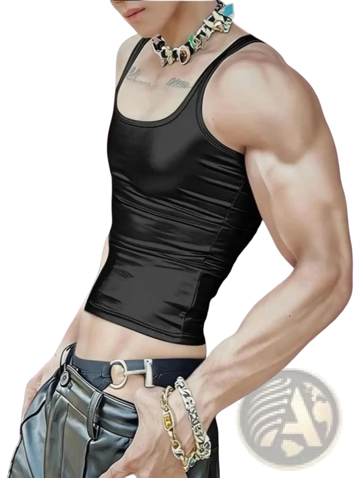 Men metallic crop tank top slim fit black satin with ribbed texture and fitted cropped hemline
