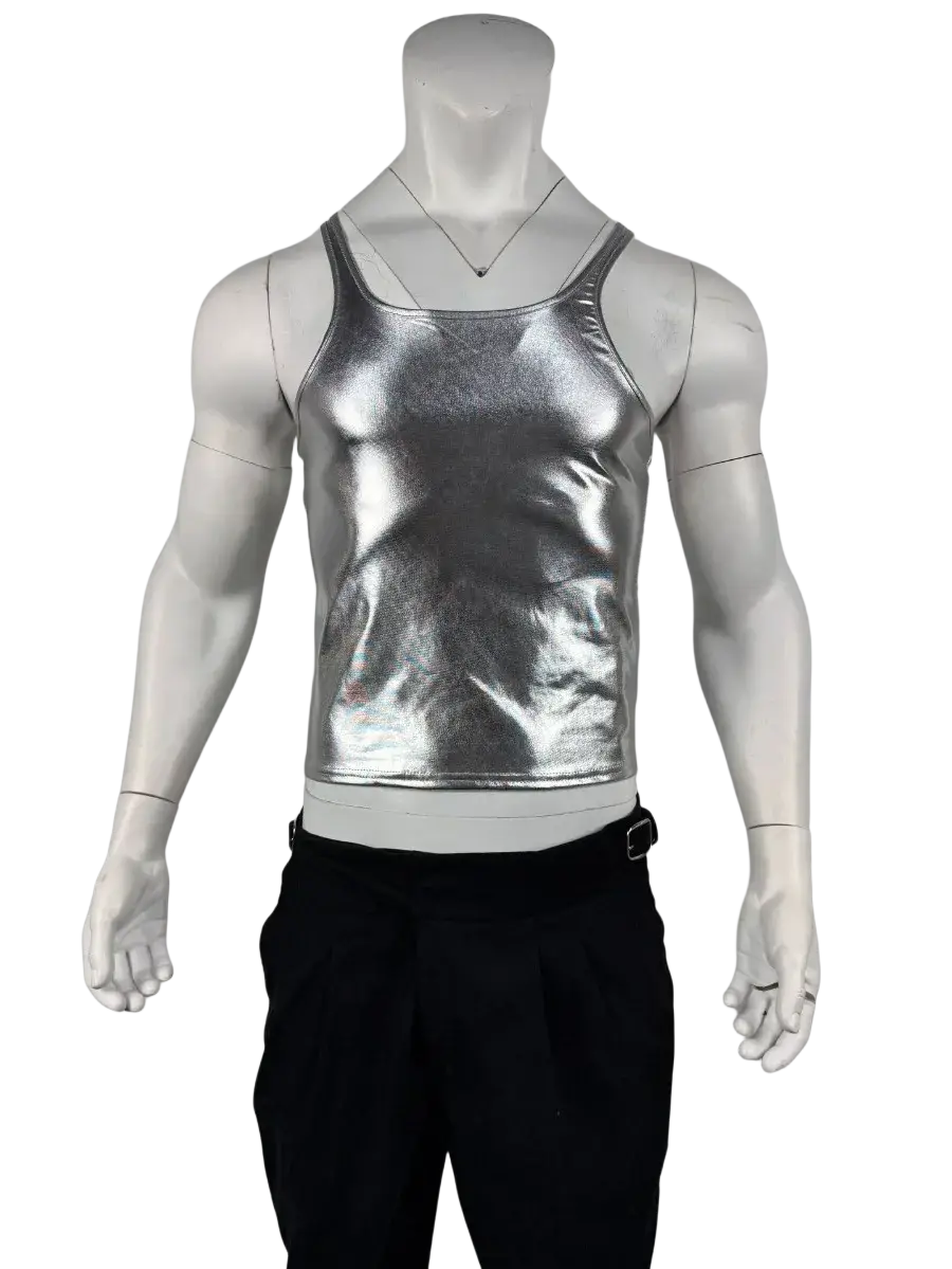 Shiny silver metallic men crop tank top with slim fit and sleek form-fitting design in metallic fabric