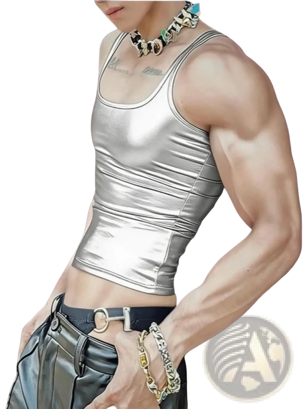 Shiny silver metallic men crop tank top with ribbed texture and thin straps slim fit vest front view