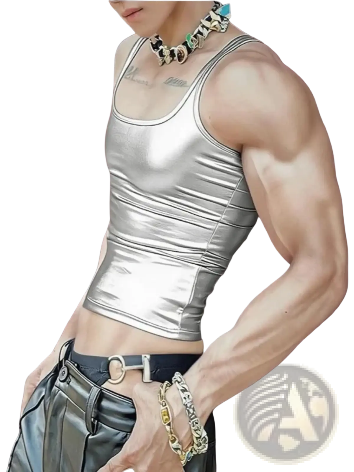 Shiny silver metallic men crop tank top with ribbed texture and thin straps slim fit vest front view