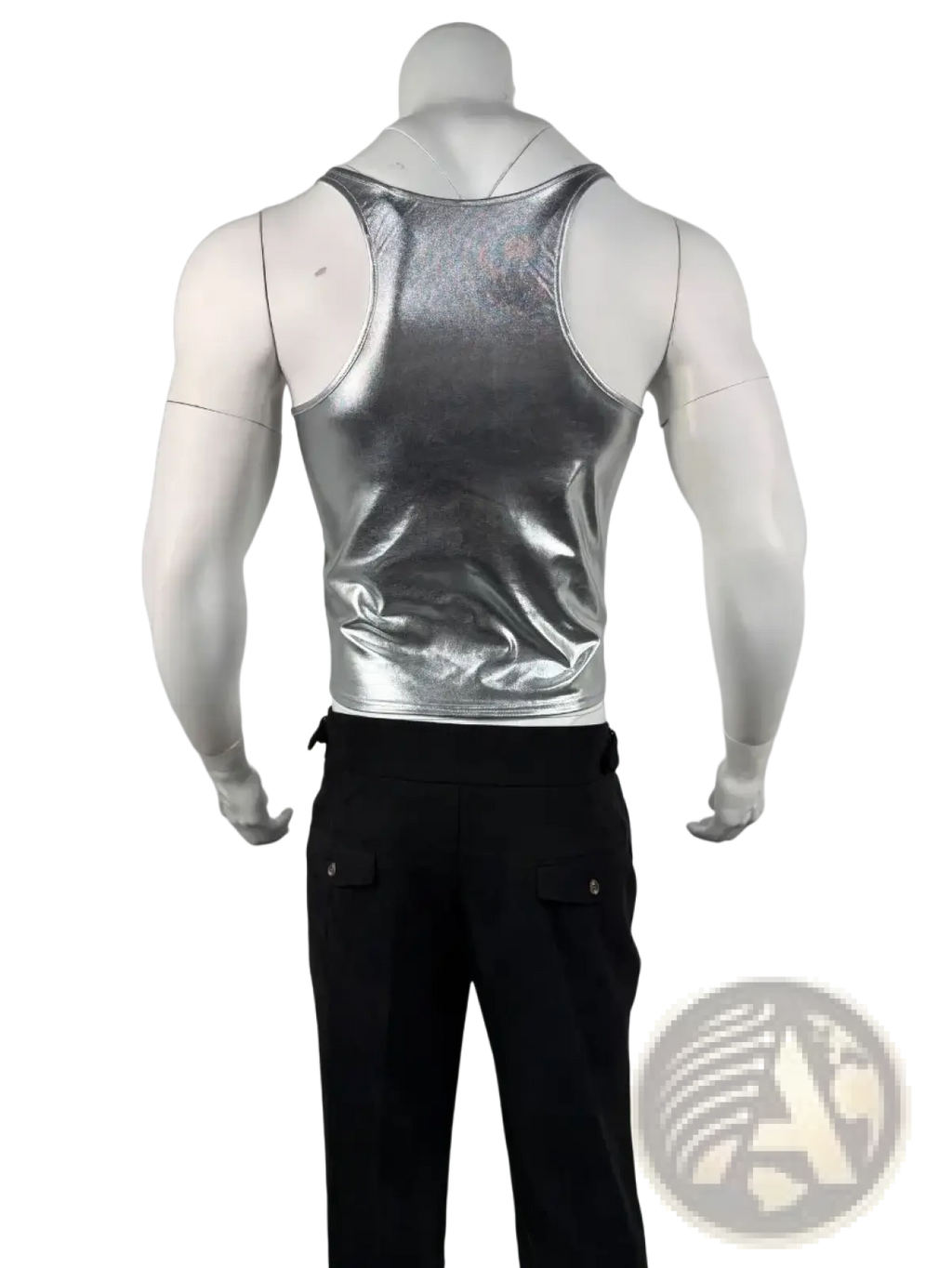 Men metallic crop tank top in shiny silver with a slim fit and sleek form-fitting design made of metallic material