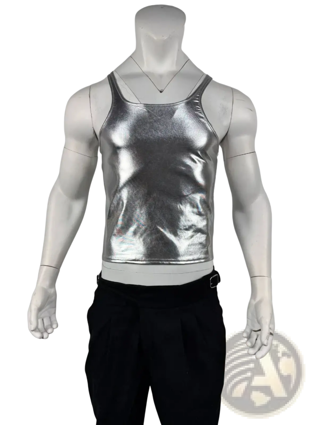 Shiny silver metallic men crop tank top with slim fit and sleek form-fitting design in metallic fabric
