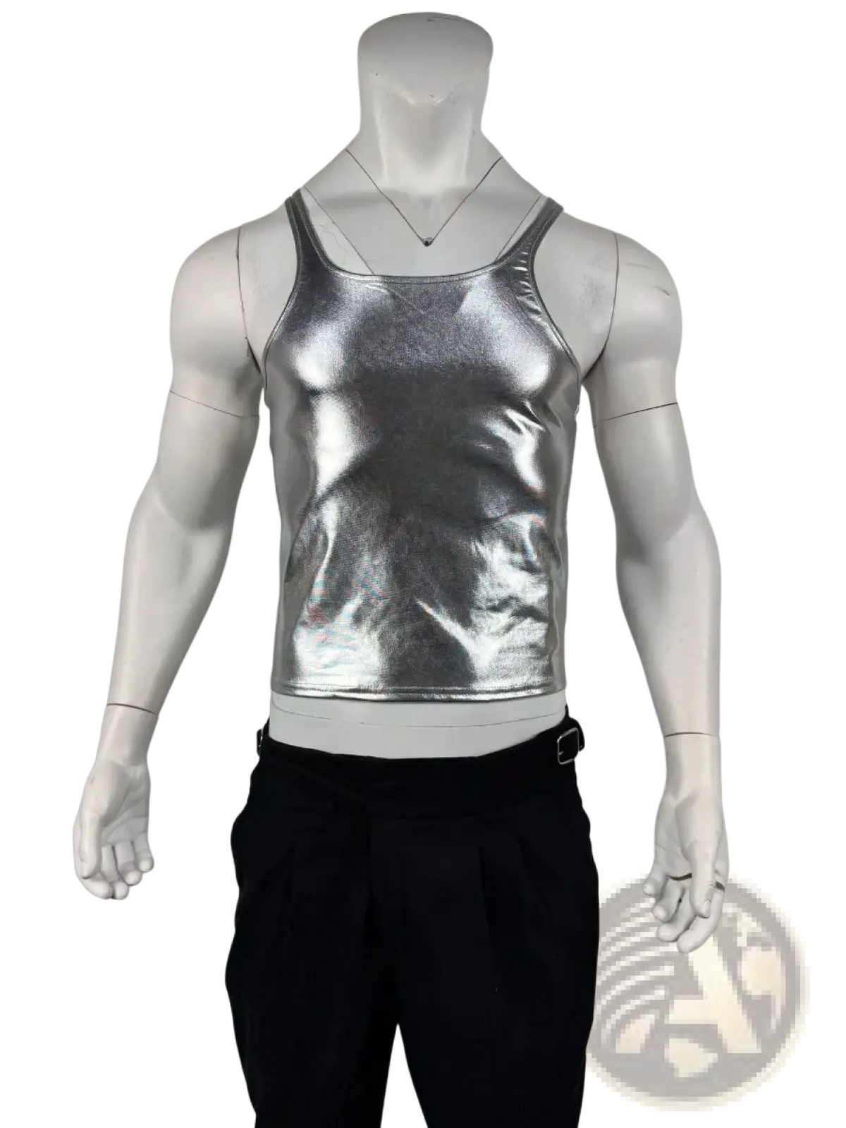 Shiny silver metallic men crop tank top with slim fit and sleek form-fitting design in metallic fabric