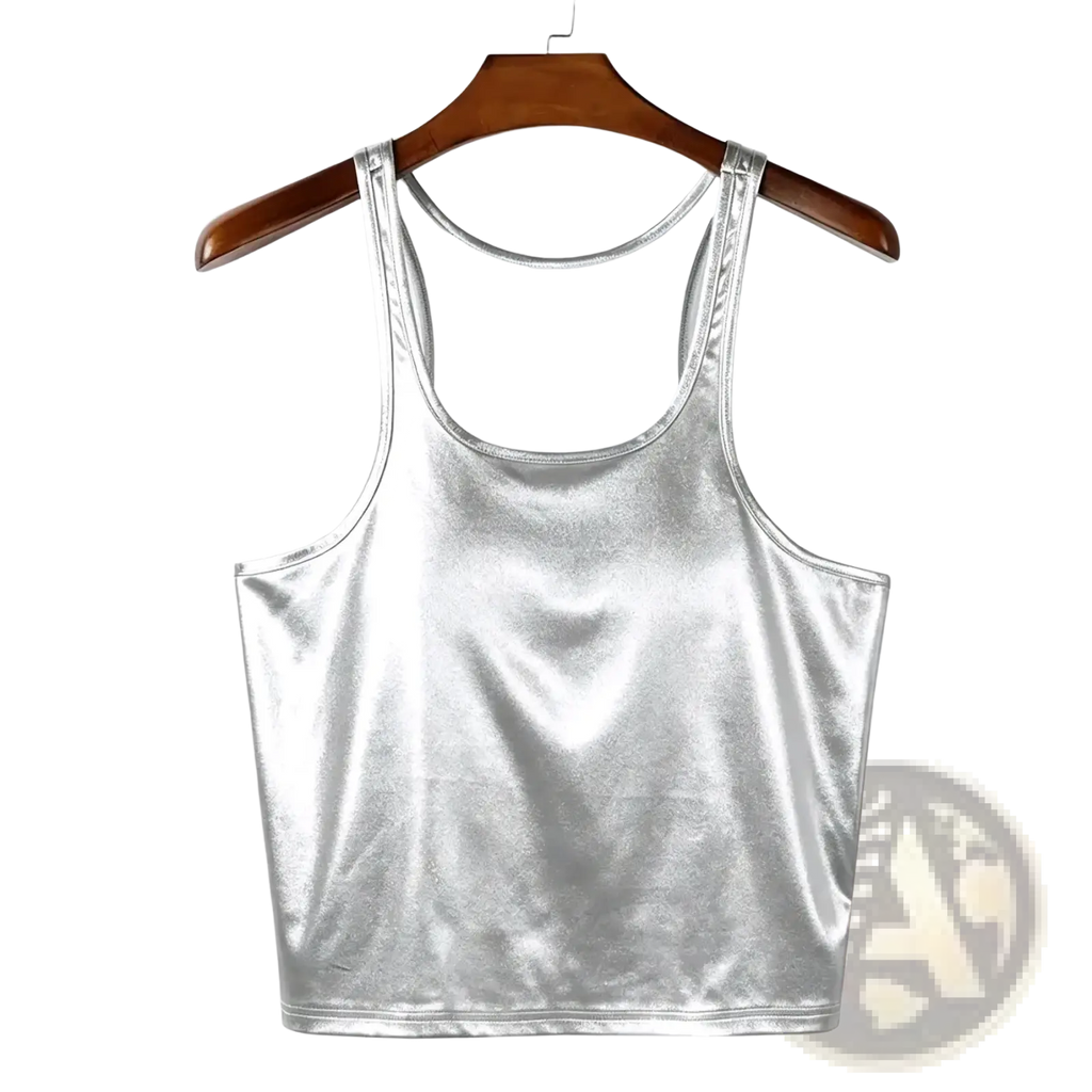 Men metallic crop tank top slim fit shiny silver metallic fabric with white inner lining and thin straps on wooden hanger