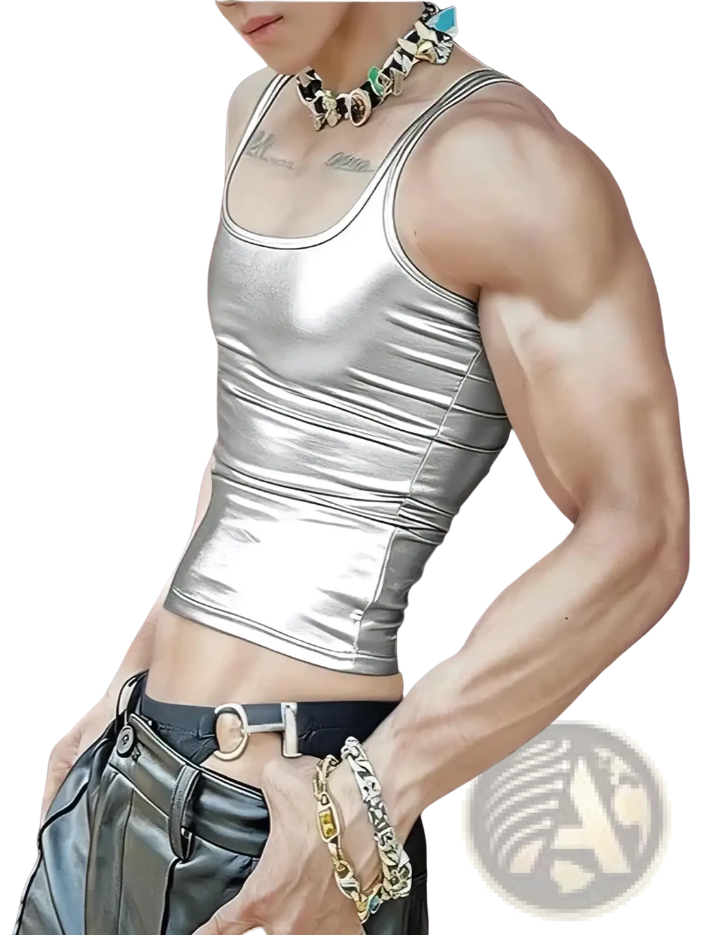 Shiny silver metallic men crop tank top with slim fit ribbed design made of reflective fabric for stylish wear