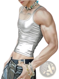 Shiny silver metallic men crop tank top with slim fit ribbed design made of reflective fabric for stylish wear