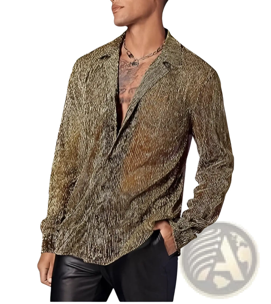 Men metallic shimmer long sleeve shirt with shimmering gold and green striped textured metallic fabric