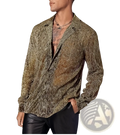 Men metallic shimmer long sleeve shirt with shimmering gold and green striped textured metallic fabric