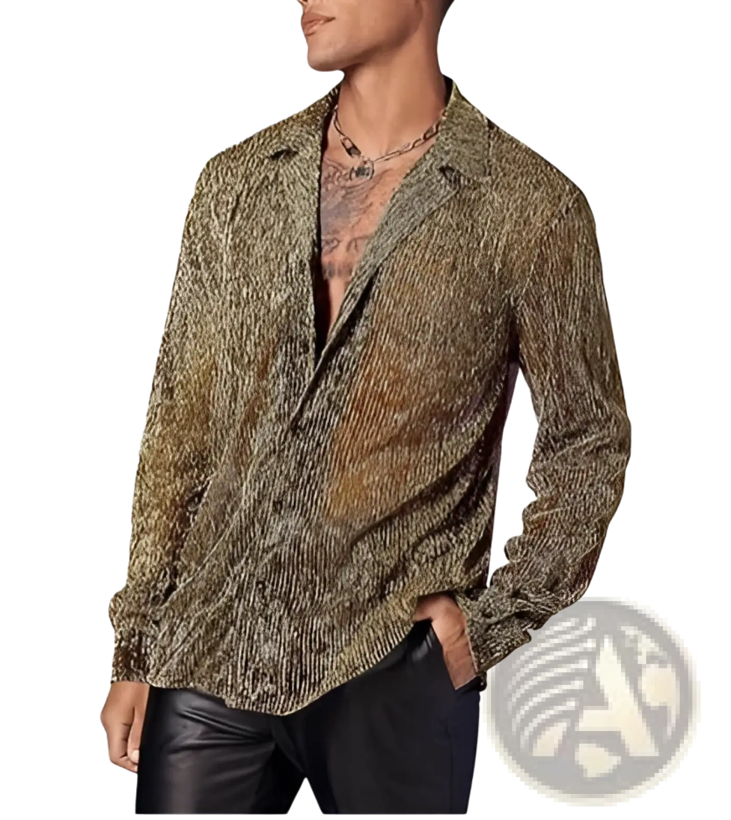 Men metallic shimmer long sleeve shirt with shimmering gold and green striped textured metallic fabric