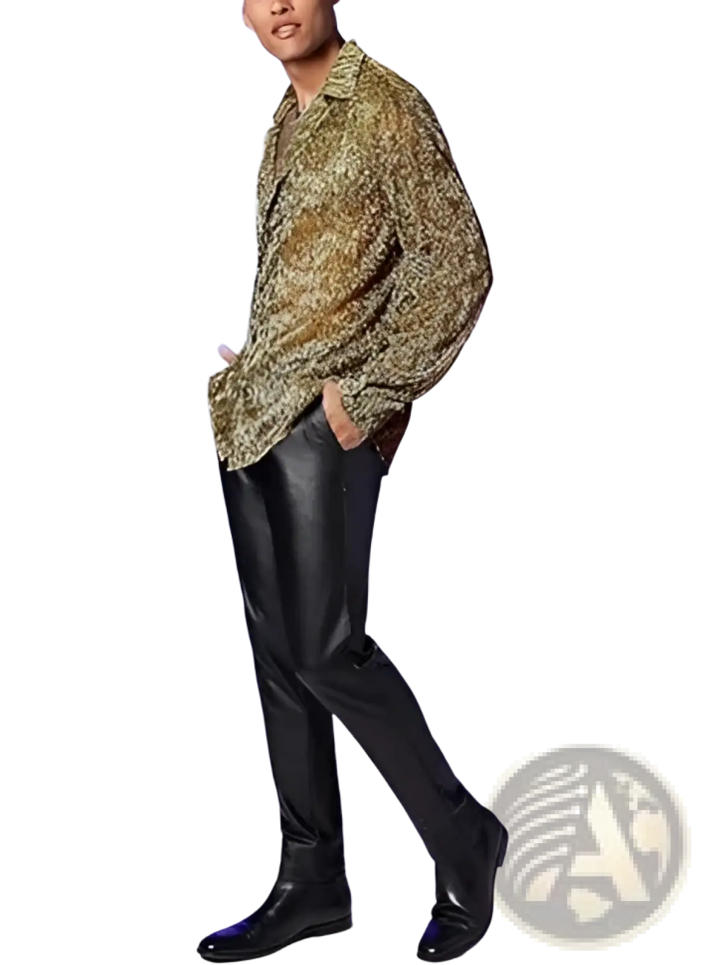 A man wearing a men metallic shimmer long sleeve shirt in gold and green pattern with black patent leather pants
