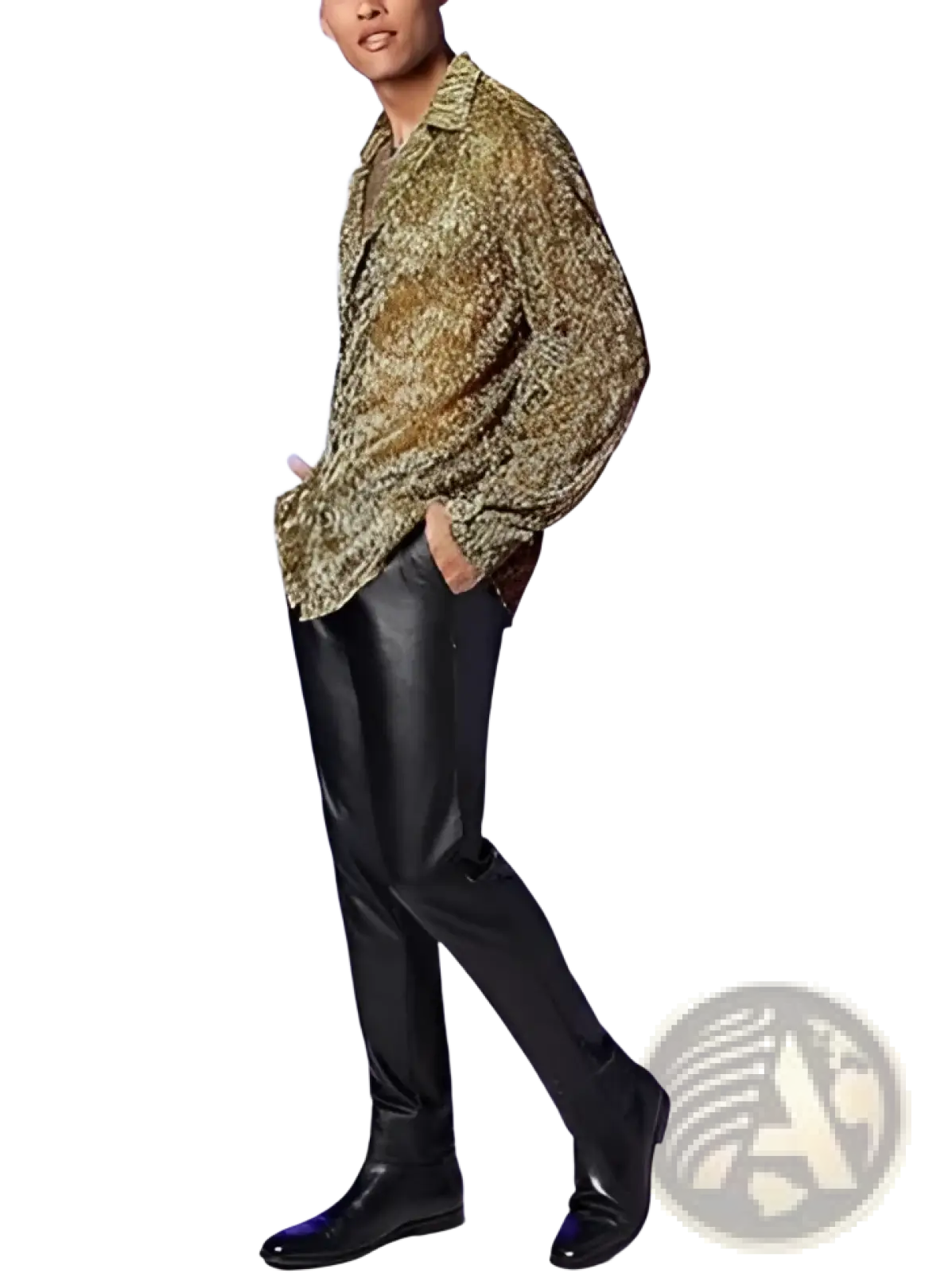 A man wearing a men metallic shimmer long sleeve shirt in gold and green pattern with black patent leather pants