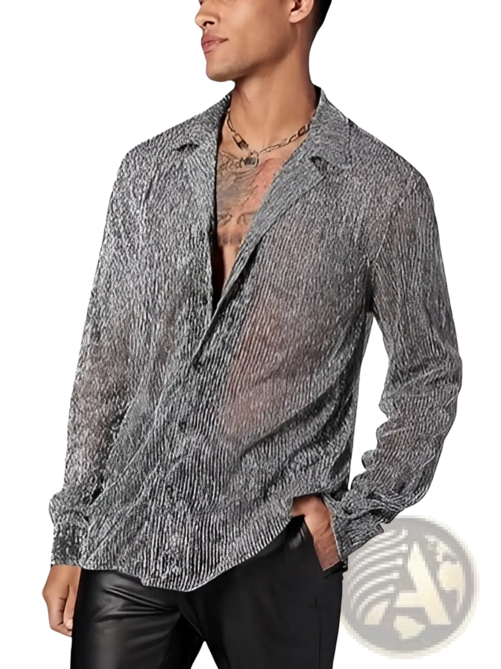 Men metallic shimmer long sleeve shirt in sheer black and silver striped fabric with subtle shimmer and button-up design