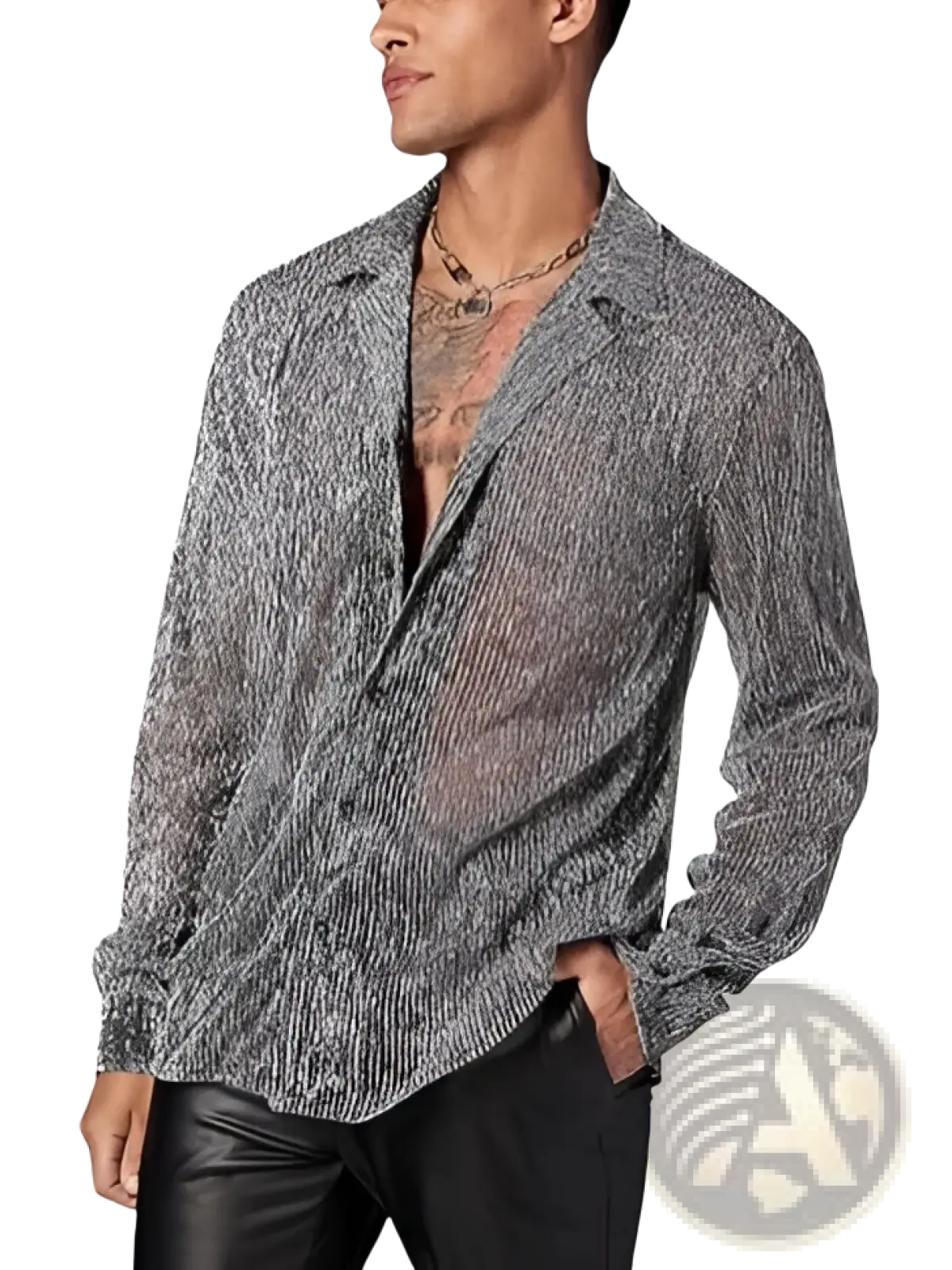 Men metallic shimmer long sleeve shirt in sheer black and silver striped fabric with subtle shimmer and button-up design