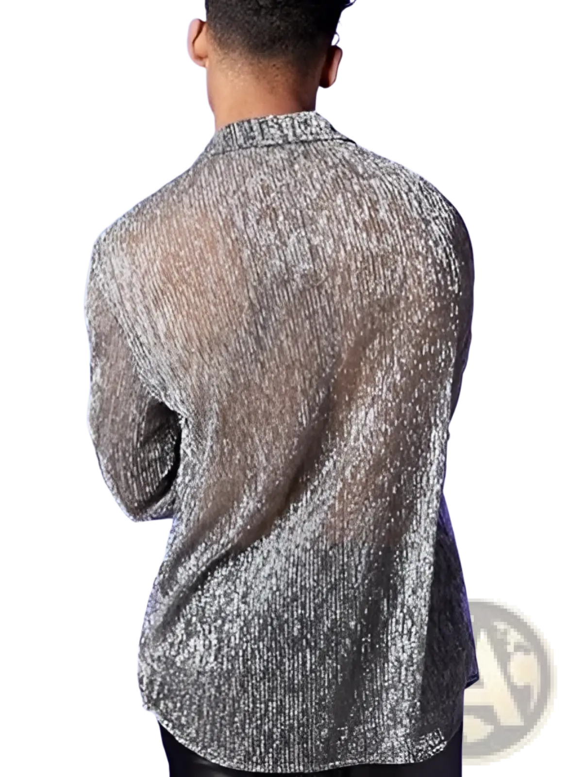 Men metallic shimmer long sleeve shirt in silver metallic fabric with subtle textured weave for stylish wear