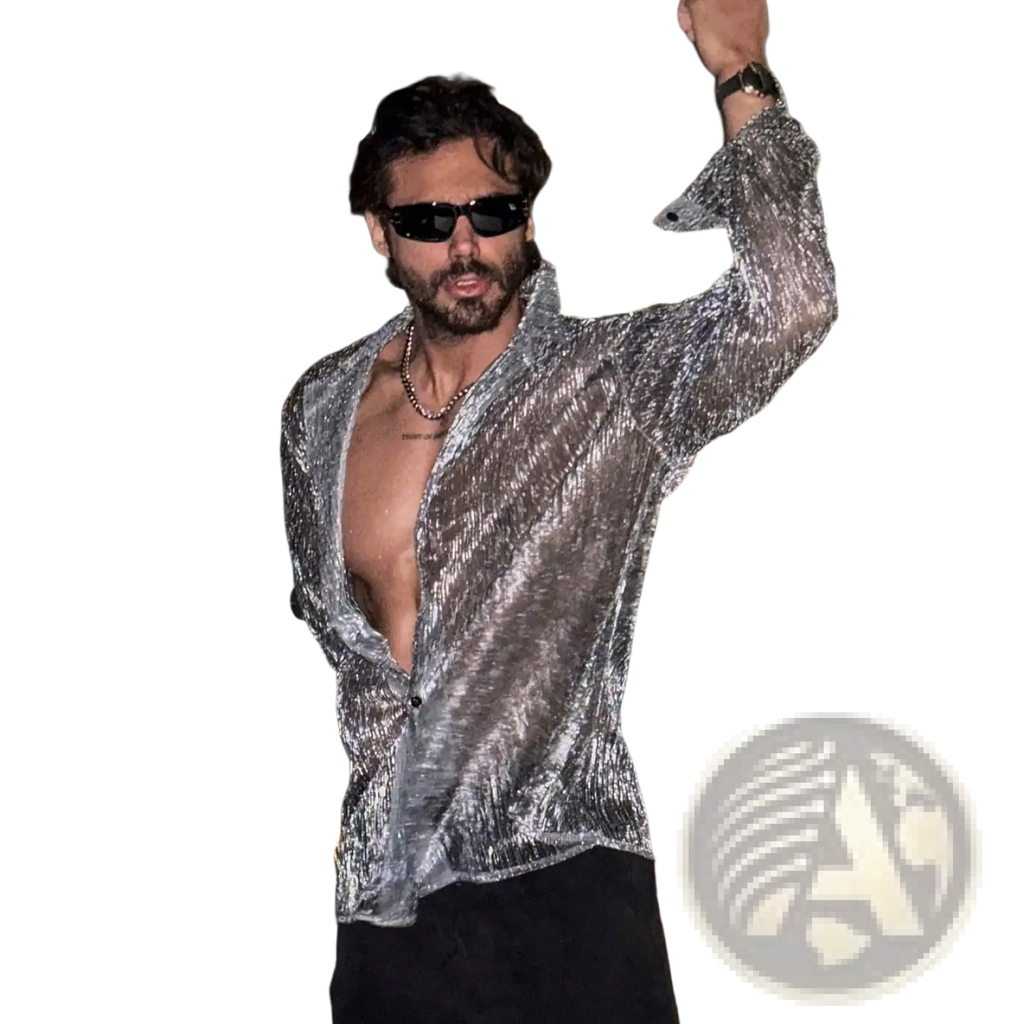 Men metallic shimmer long sleeve shirt in shimmering silver with textured reflective fabric and open front design
