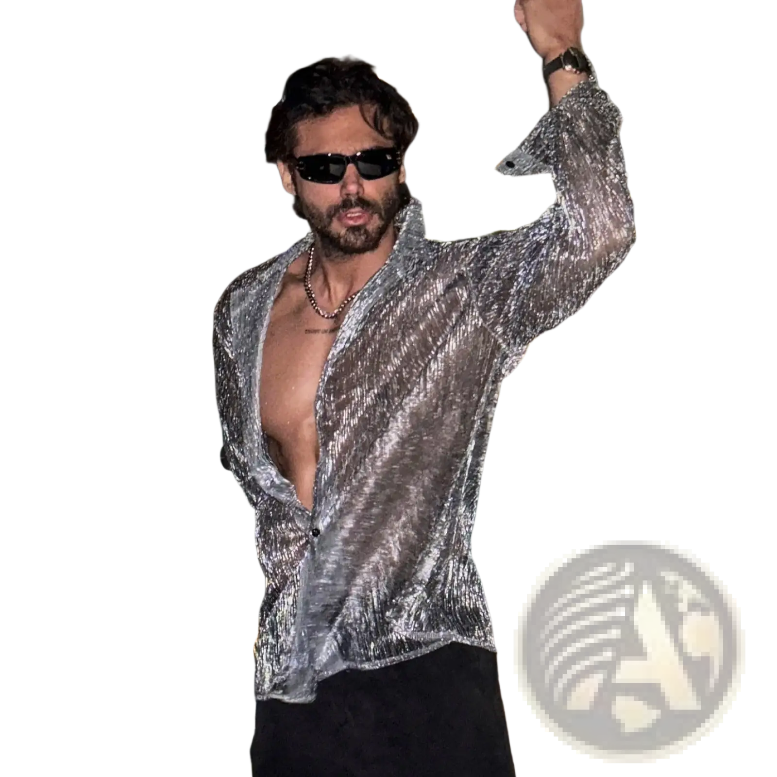 Men metallic shimmer long sleeve shirt in shimmering silver with textured reflective fabric and open front design