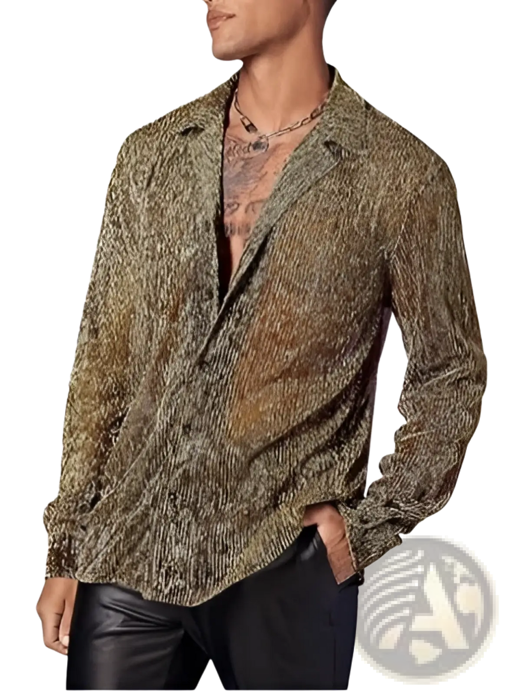 Men metallic shimmer long sleeve shirt in textured olive green and gold tones with subtle striped pattern