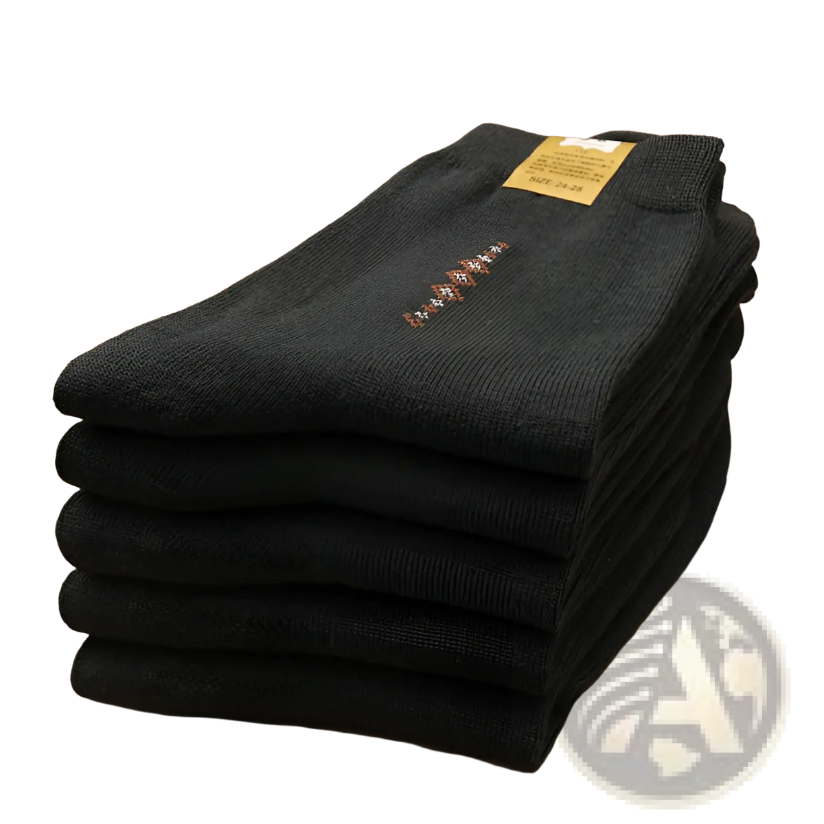 Stack of black mid calf crew knit socks with small embroidered floral design on the top pair men 5 pack