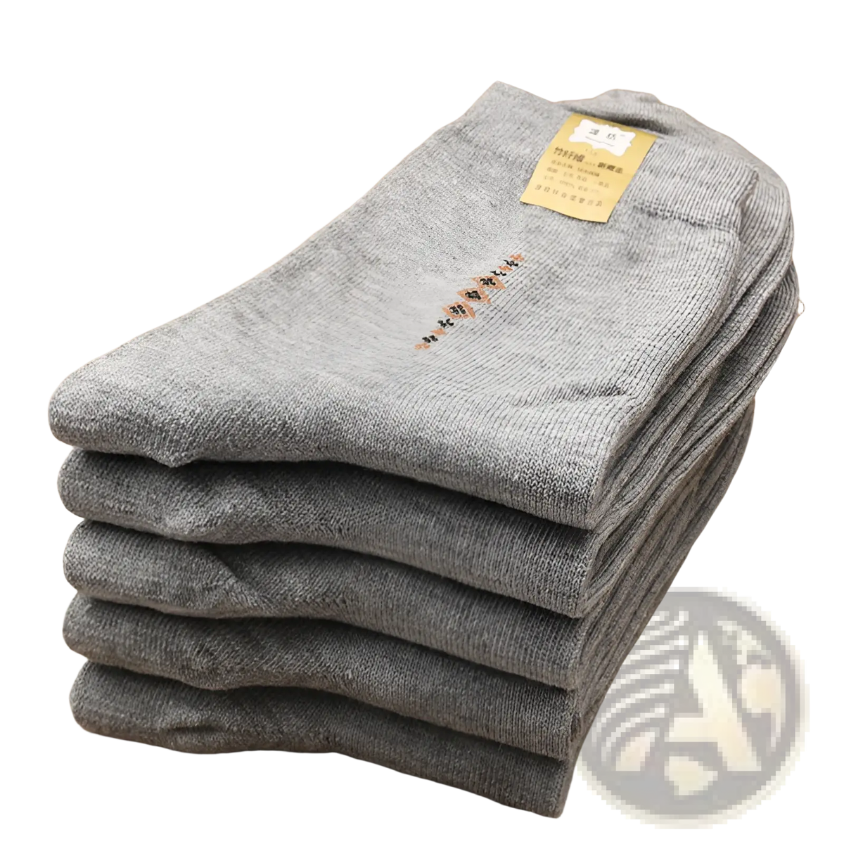 Stack of gray knit men mid calf crew socks with subtle embroidered pattern on the side in a 5 pack