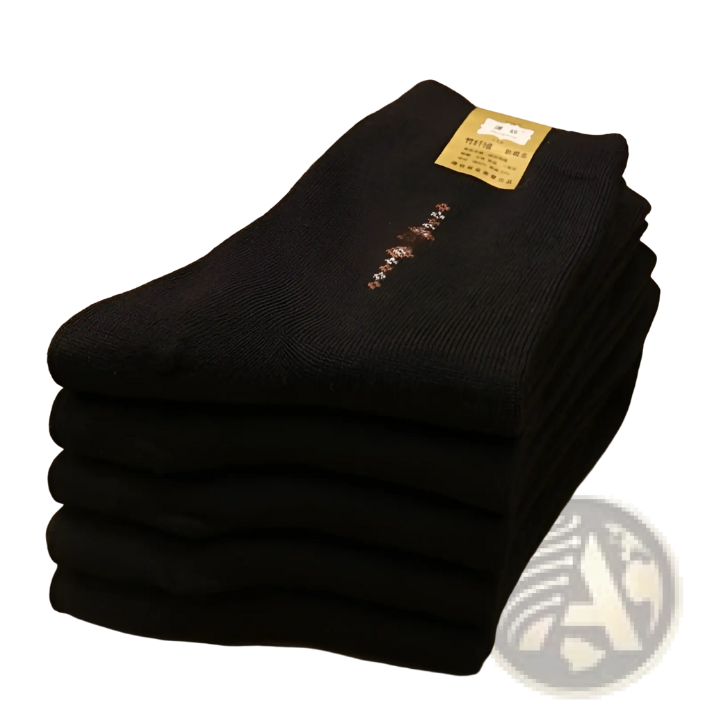 Men mid calf crew socks 5 pack black knit with a subtle embroidered design on the side made of soft material