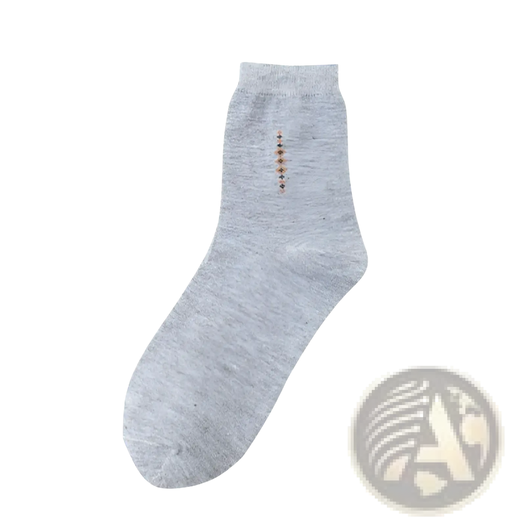 Men mid calf crew sock in heather gray with colorful embroidered beads along the side for casual wear