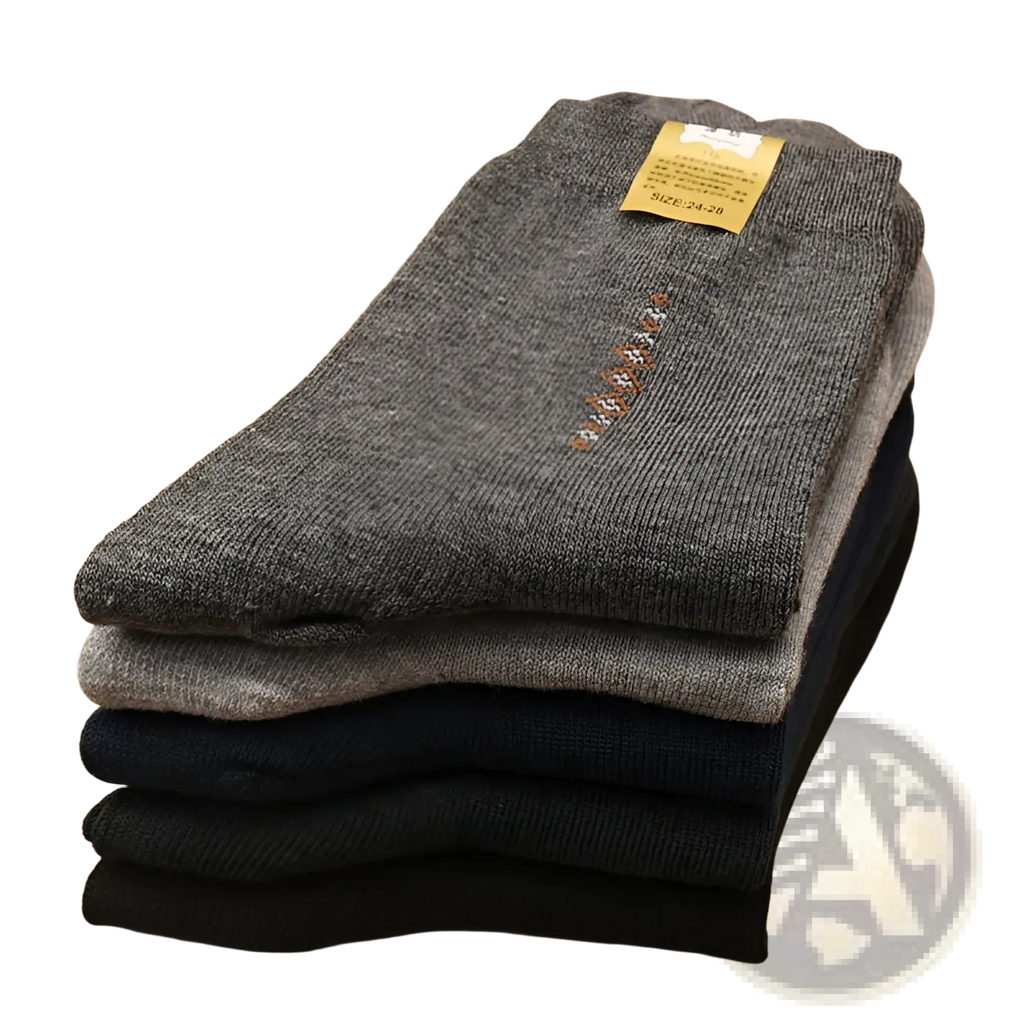 Stack of men mid calf crew socks 5 pack in gray black and navy blue with subtle embroidered detailing on top pair