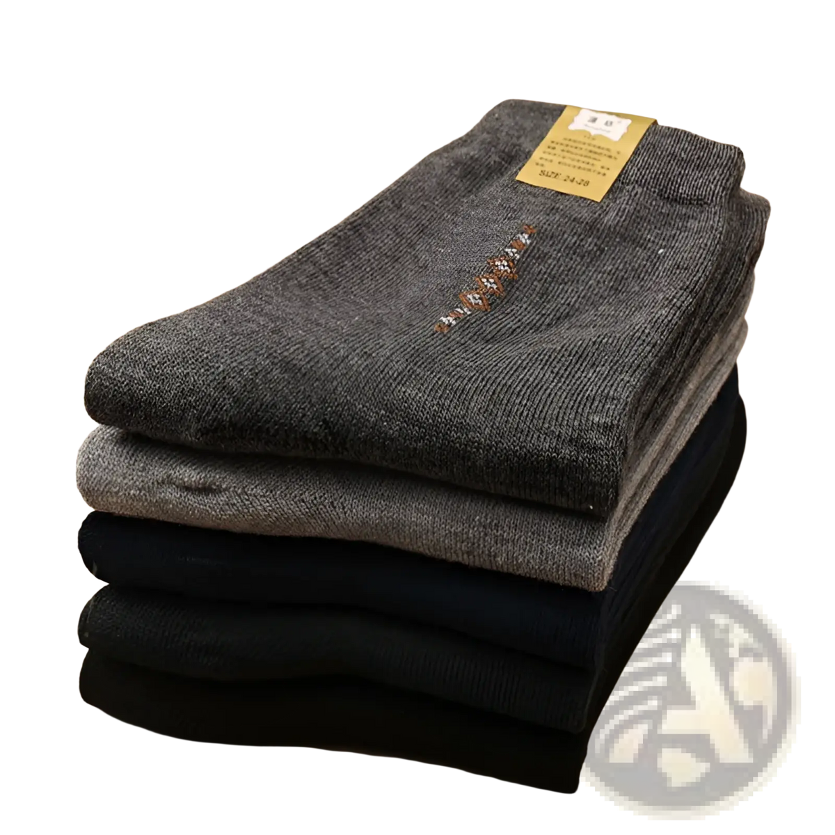 Stack of men mid calf crew socks 5 pack in gray black and dark charcoal with subtle embroidered detailing on top pair
