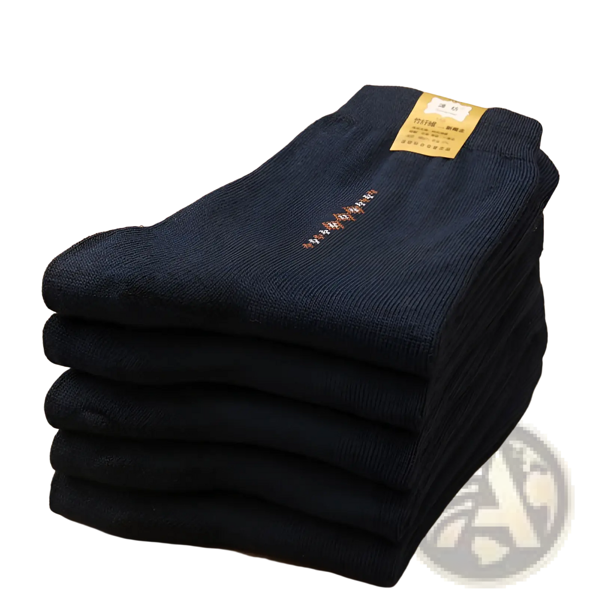 Stack of dark navy knit men mid calf crew socks with subtle embroidered pattern in a 5 pack