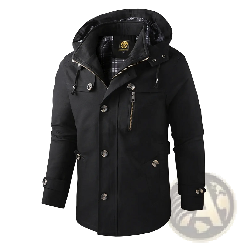 Men mid length hooded jacket solid cotton casual coat in black with silver buttons and plaid lined interior