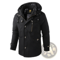 Men mid length hooded jacket solid cotton casual coat in black with silver buttons and plaid lined interior