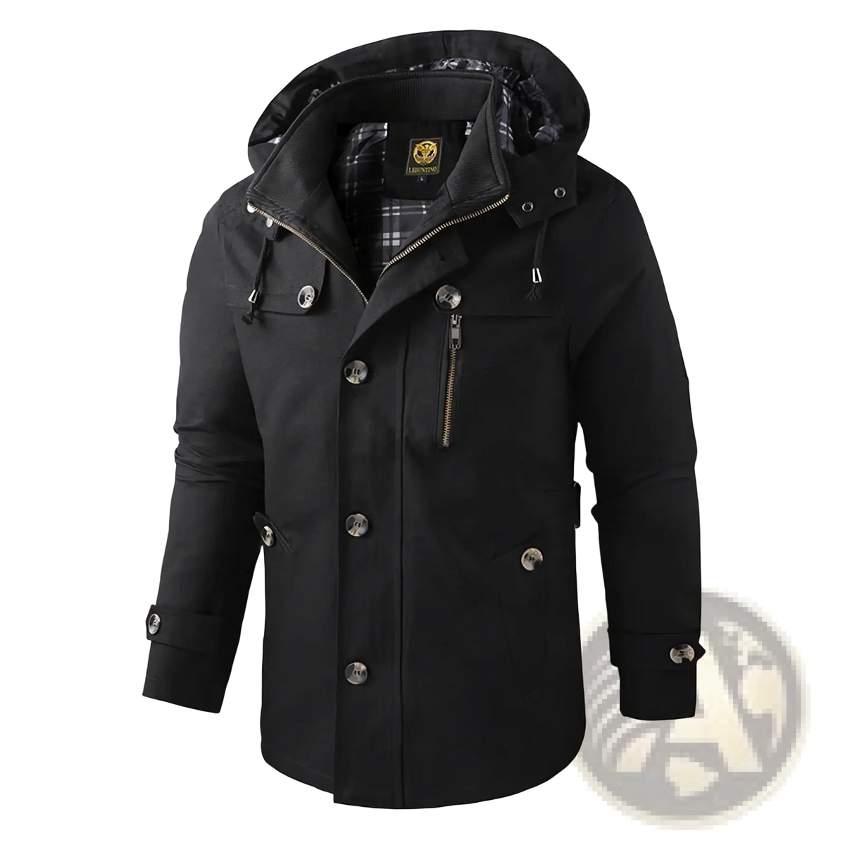 Men mid length hooded jacket solid cotton casual coat in black with silver buttons and plaid lined interior