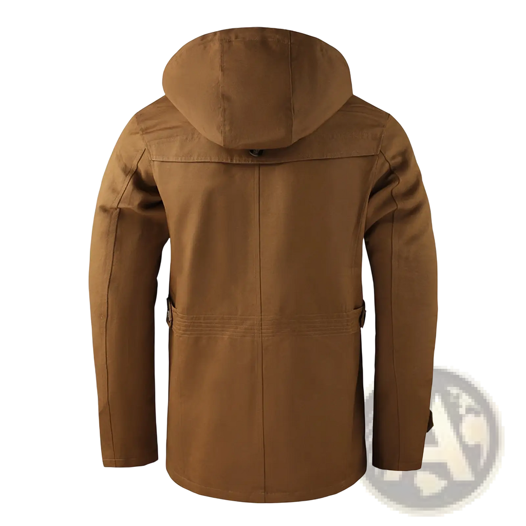 Men mid length tan hooded jacket made of solid cotton with durable fabric and practical front pockets for casual wear