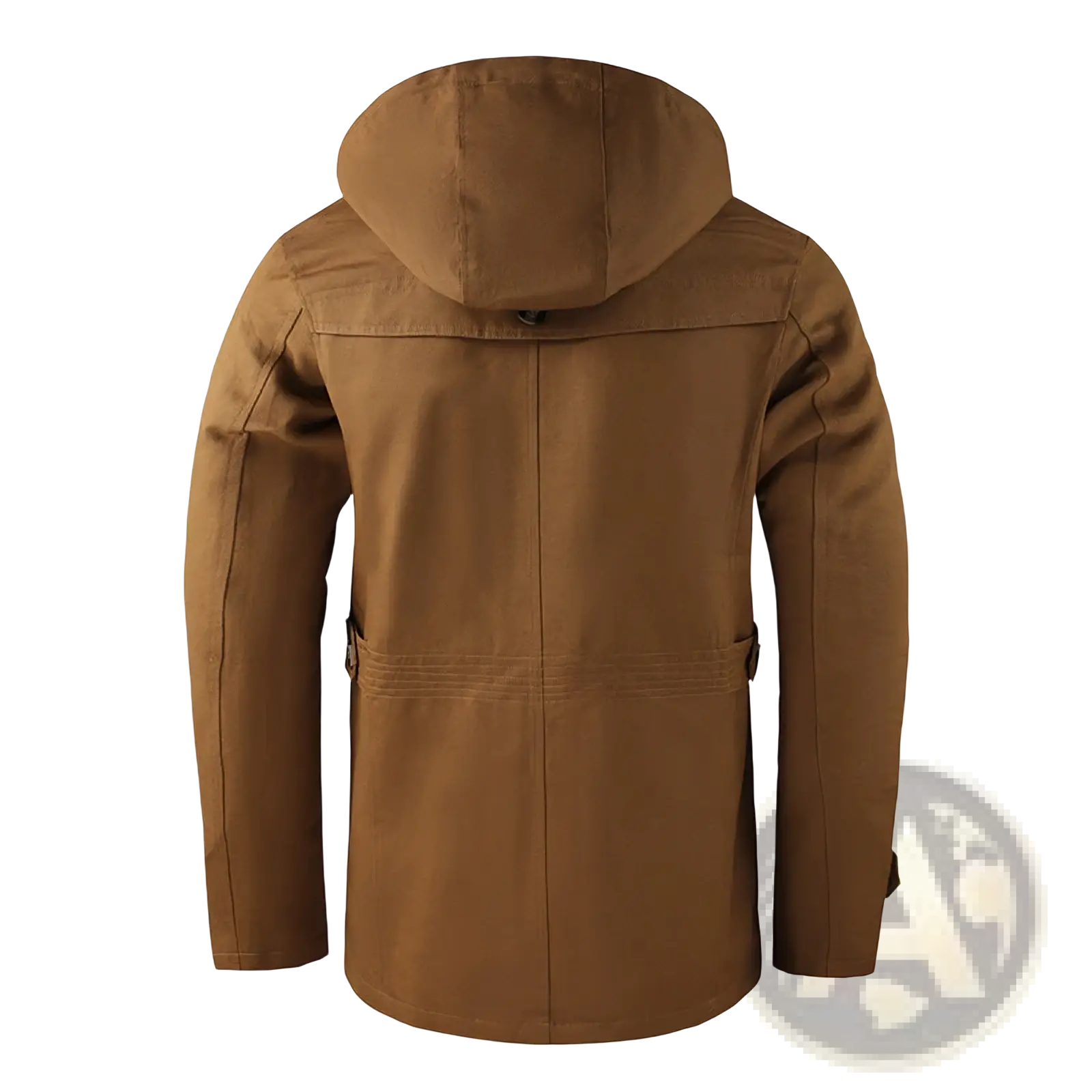 Men mid length tan hooded jacket made of solid cotton with durable fabric and practical front pockets for casual wear