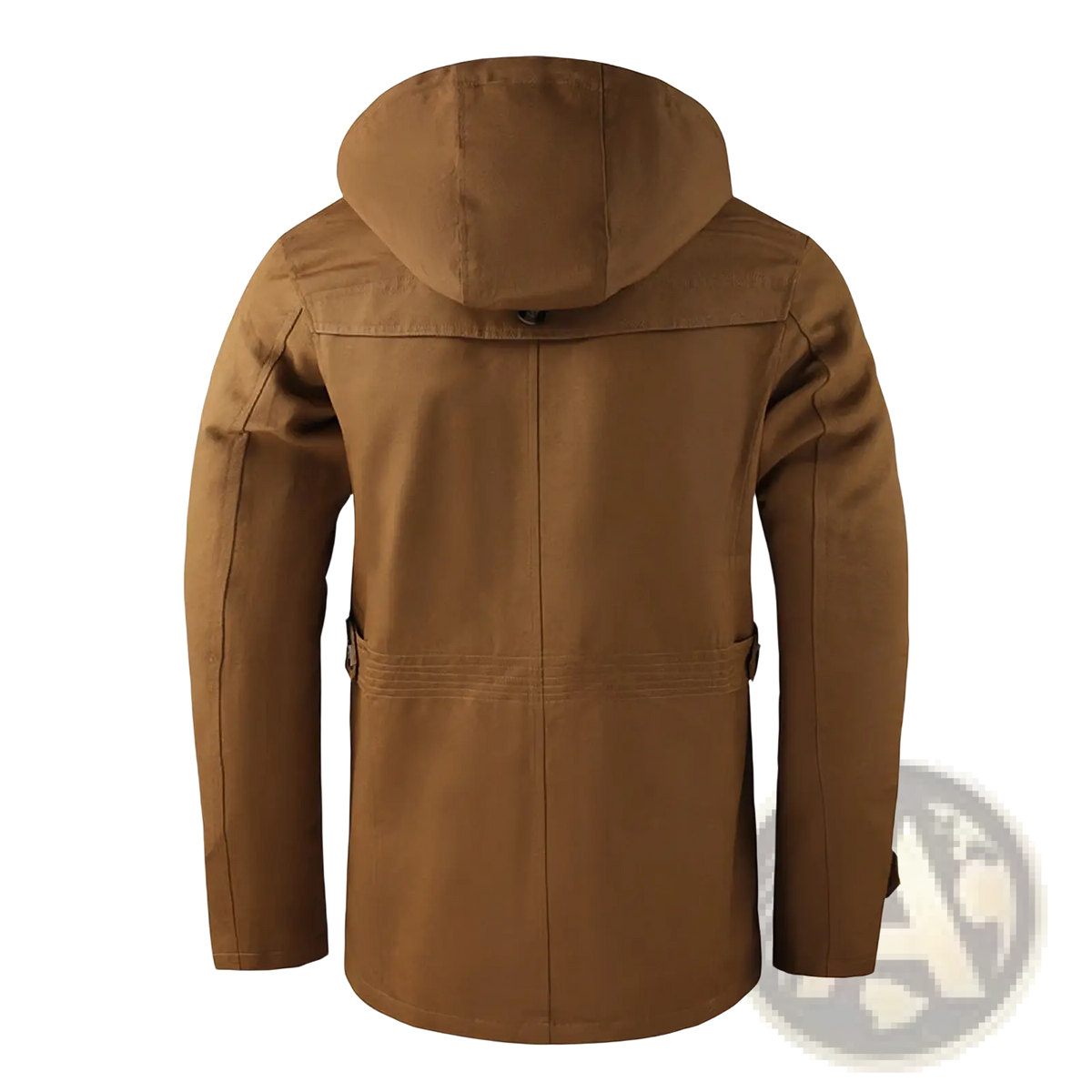 Men mid length tan hooded jacket made of solid cotton with durable fabric and practical front pockets for casual wear