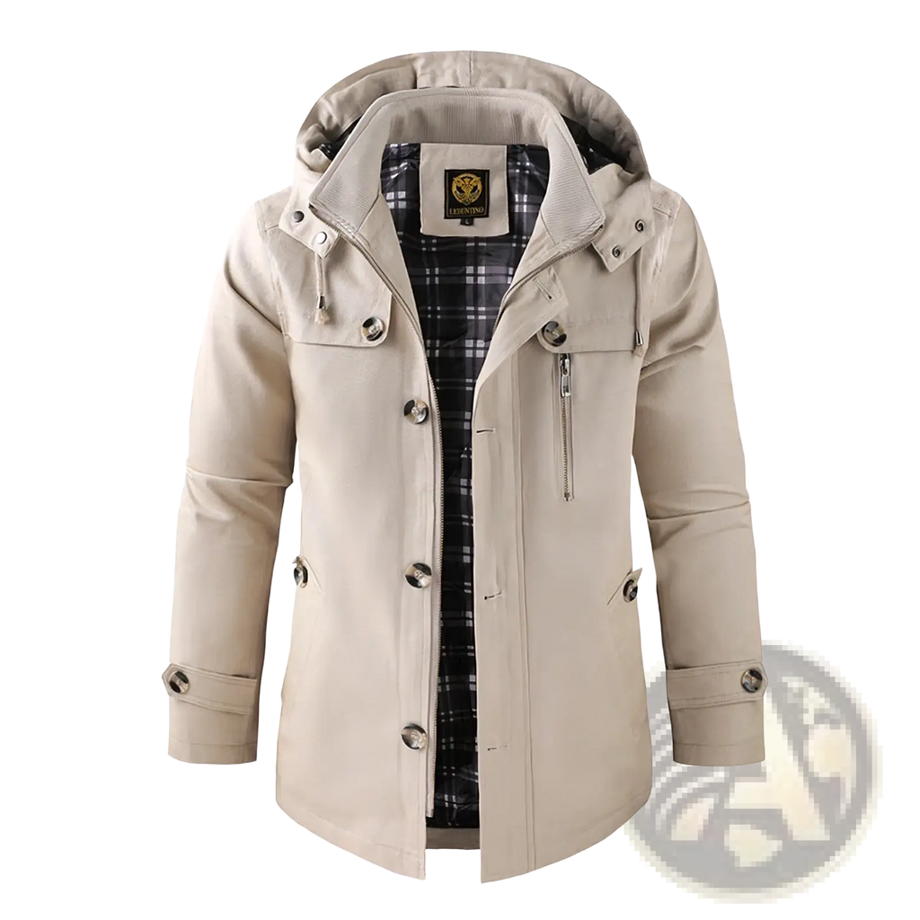 Men’s mid length beige hooded trench coat with black and white plaid cotton lining and silver buttons and chest zipper