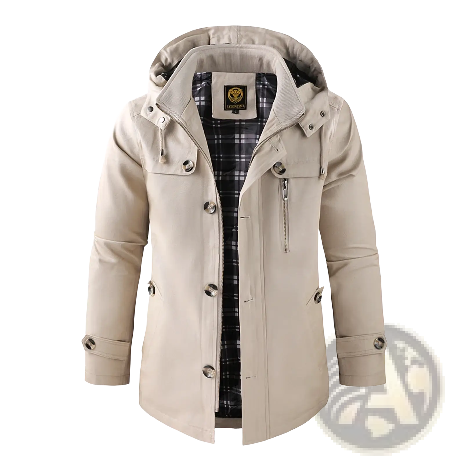 Men’s mid length beige hooded trench coat with black and white plaid cotton lining and silver buttons and chest zipper