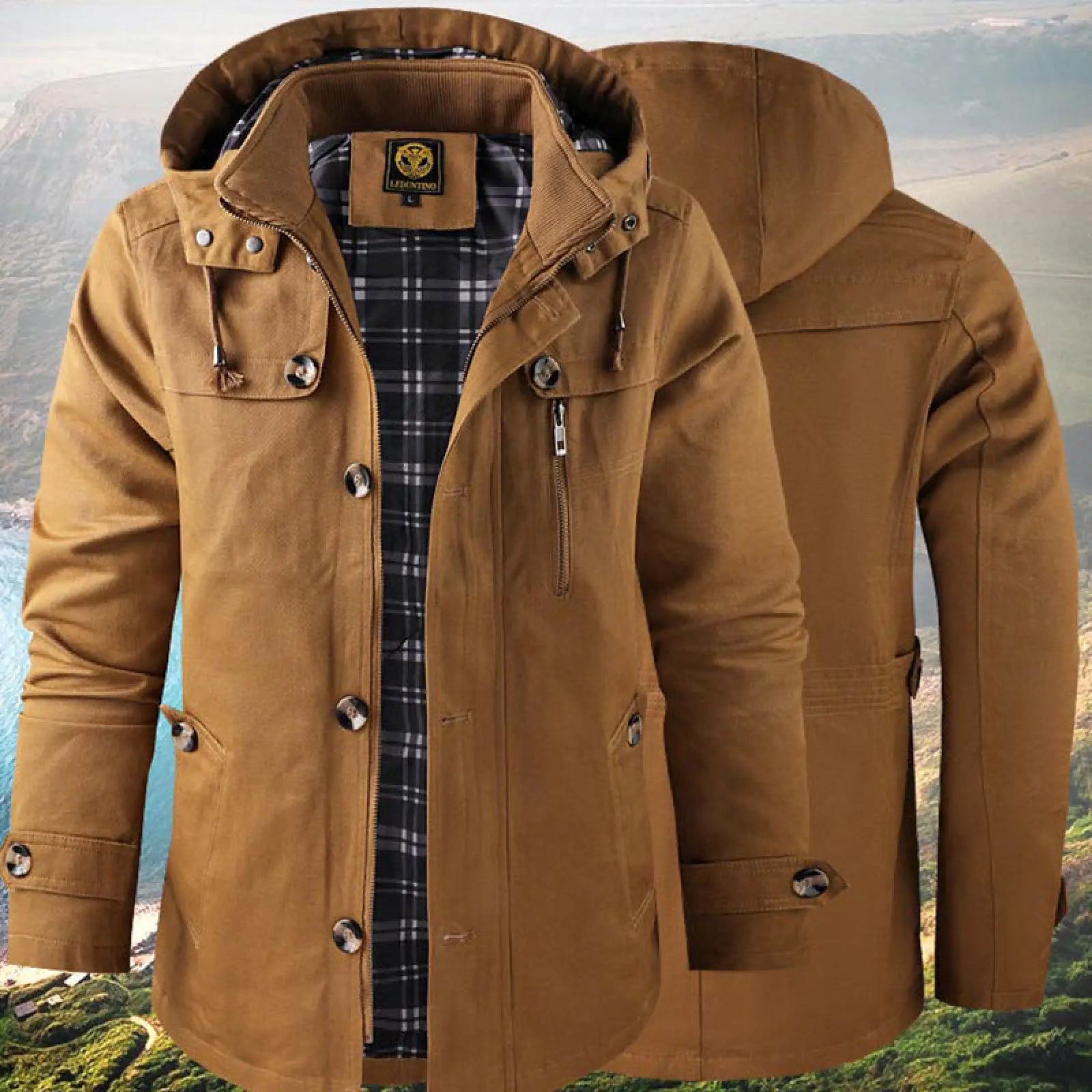Men mid length hooded jacket in tan cotton with plaid lining and silver toned buttons for casual wear