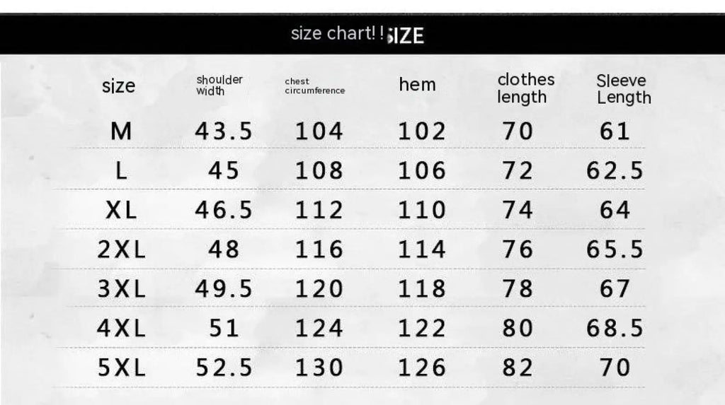 Size chart in centimeters for men mid length hooded jacket solid cotton casual coat from size m to 5xl