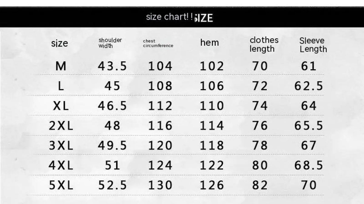 Size chart in centimeters for men mid length hooded jacket solid cotton casual coat from size m to 5xl