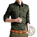 Men military long sleeve casual workwear shirt in olive green with button-up front, two chest pockets, and rolled sleeves