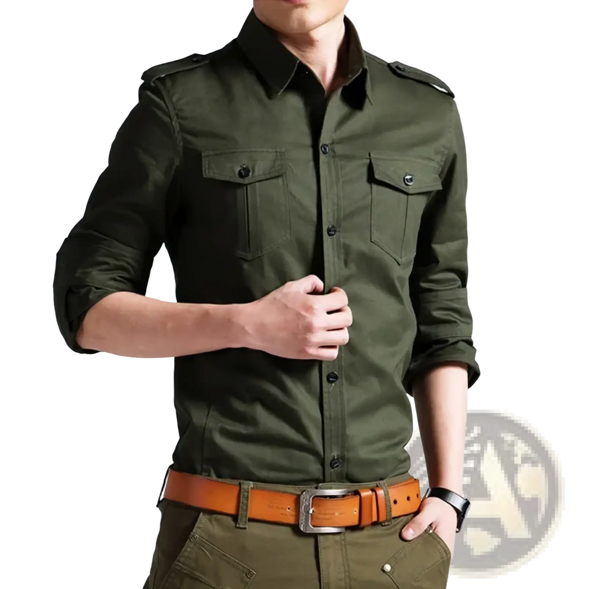 Men military long sleeve casual workwear shirt in olive green with button-up front, two chest pockets, and rolled sleeves