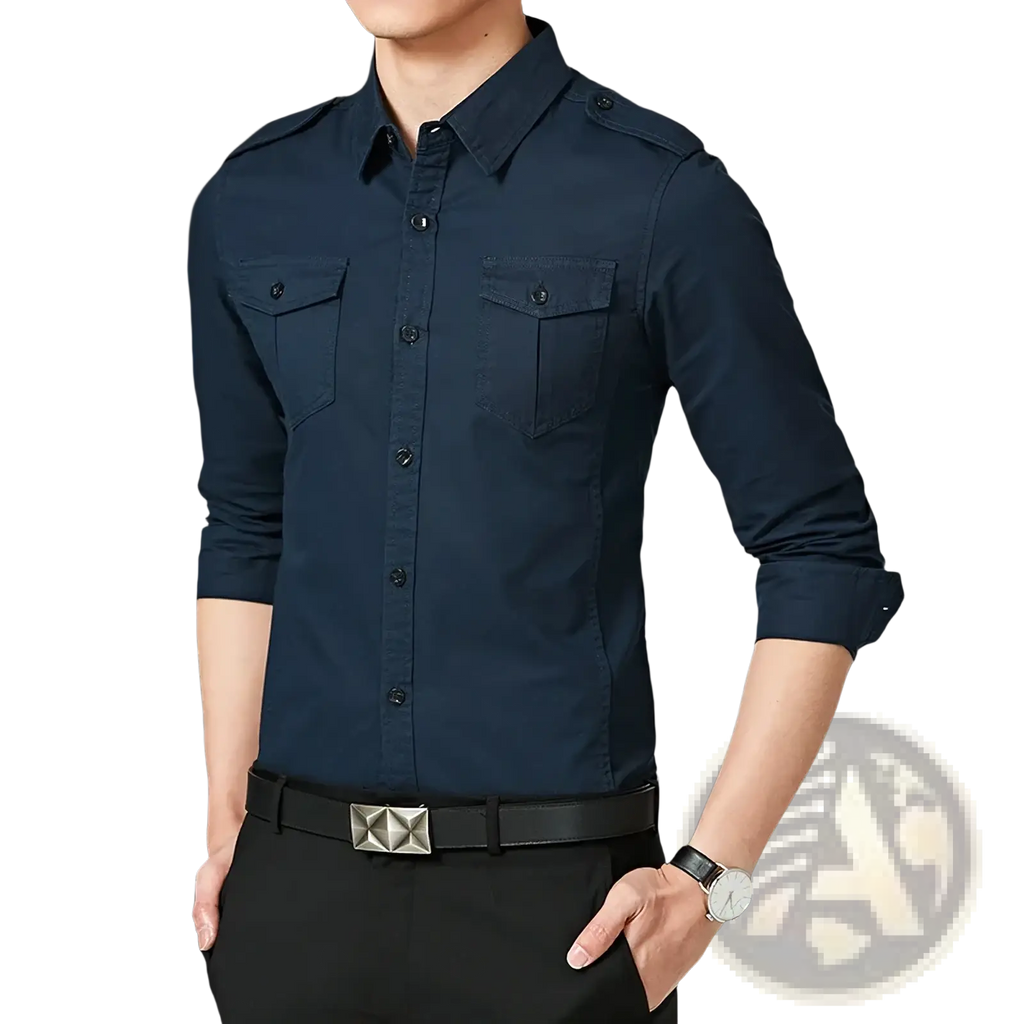 Dark navy men military long sleeve casual workwear shirt with button-up front, chest pockets, and rolled cuffs