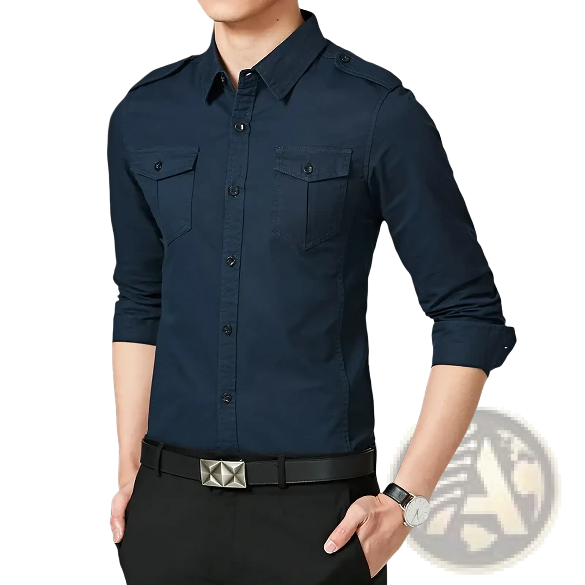 Dark navy men military long sleeve casual workwear shirt with button-up front, chest pockets, and rolled cuffs