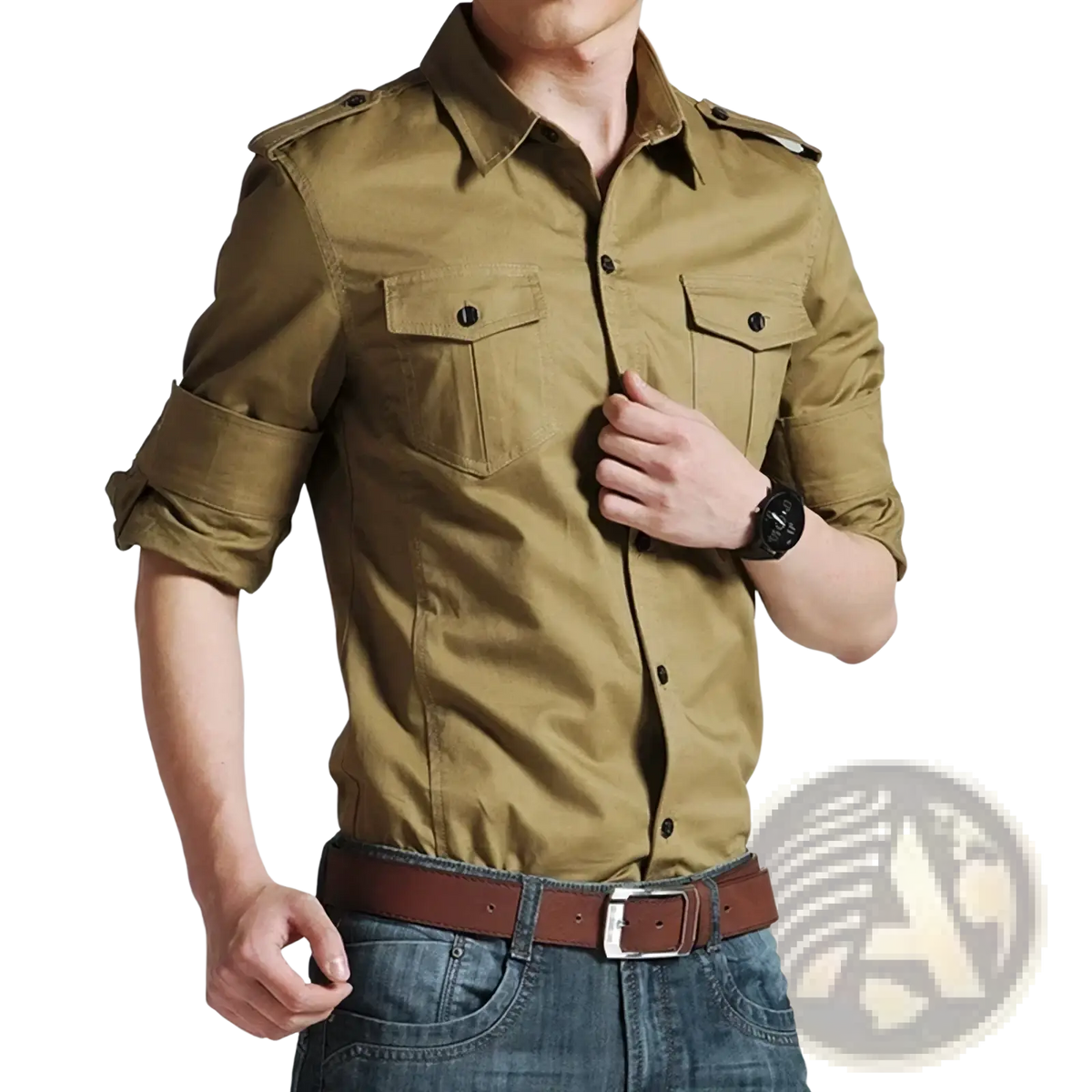 Khaki men military long sleeve casual workwear shirt with button-up front and two chest pockets with rolled sleeves