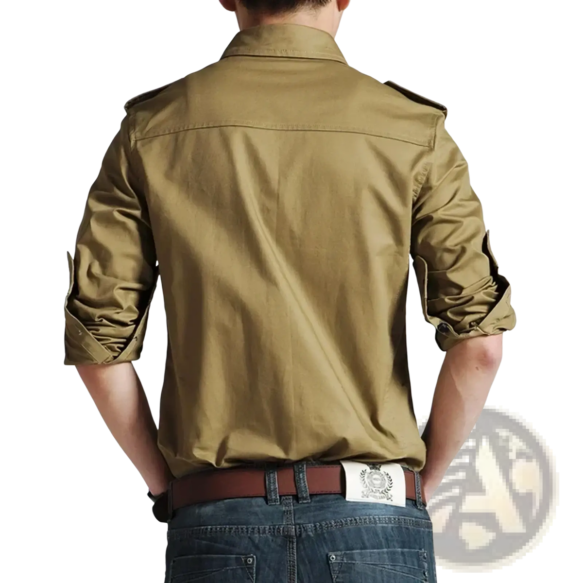 Khaki men’s military long sleeve casual workwear shirt with button-up front shoulder epaulets and rolled cuffs