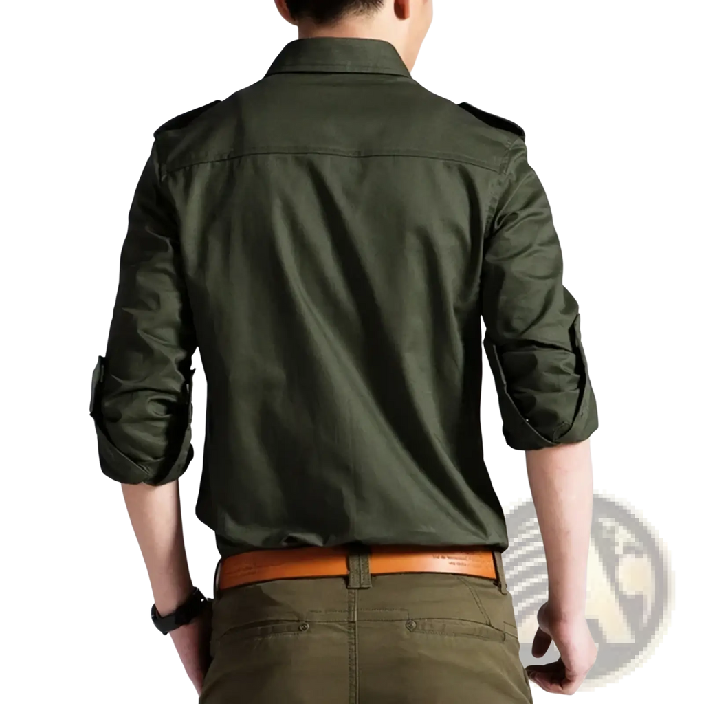 Men military long sleeve casual workwear shirt in olive green with button-up front rolled cuffs and shoulder epaulets